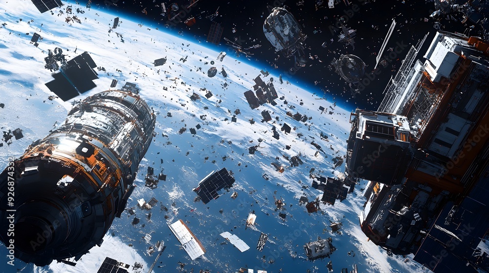 Poster futuristic space station orbiting earth amidst floating debris in the cosmos
