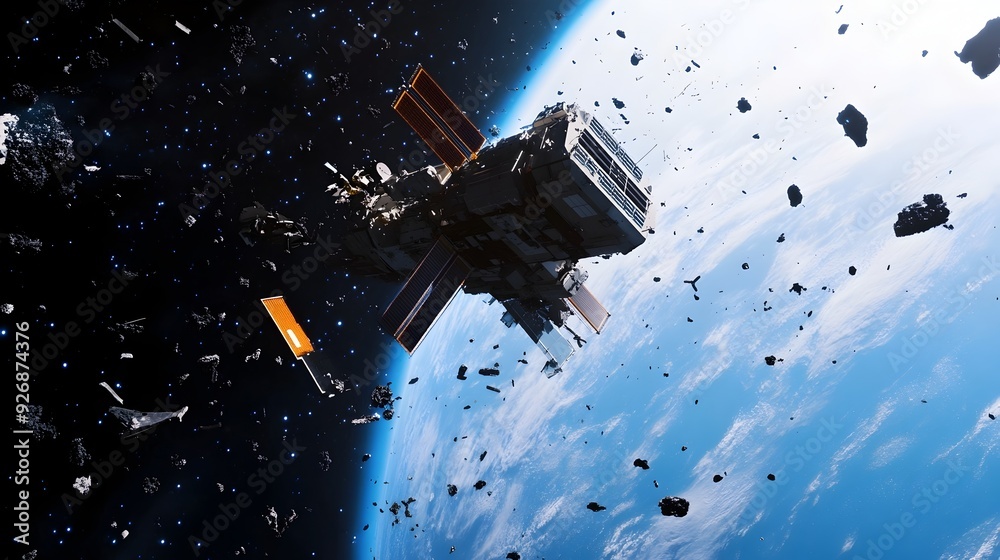 Poster Futuristic Space Station Orbiting the Blue Planet with Floating Debris in the Cosmos