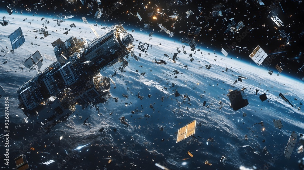 Poster Futuristic Space Station Surrounded by Floating Celestial Debris with Earth s Curve Visible in the Background