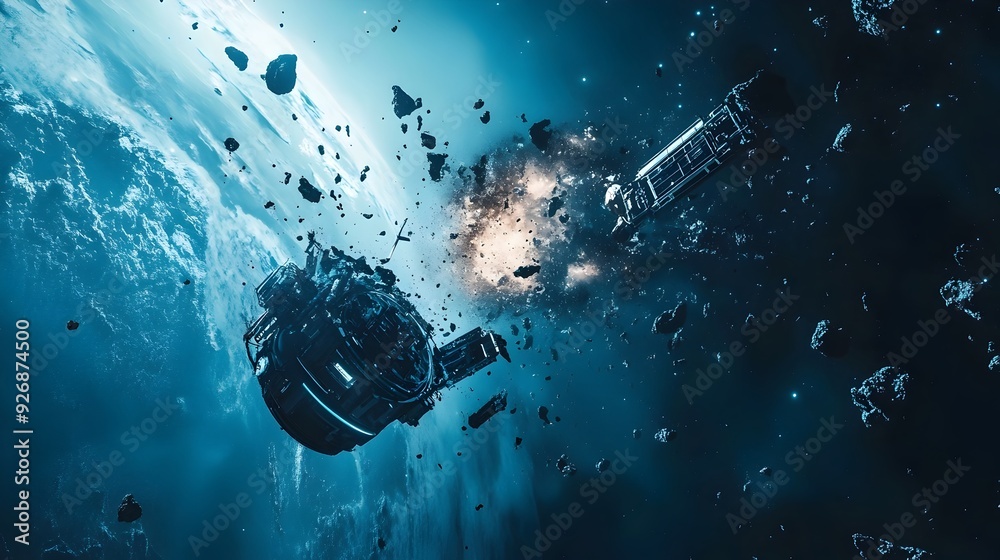 Poster Futuristic Spacecraft Uses Robotic Arm to Capture Orbiting Space Debris