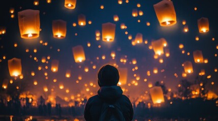 Silhouette of a Person Amidst a Sky Filled with Glowing Sky Lanterns