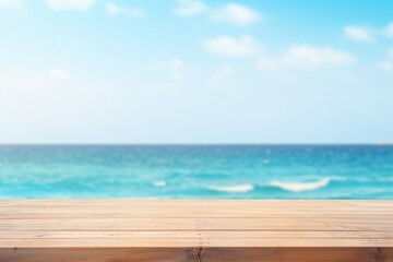 Fototapeta premium Empty Wooden Tabletop Overlooking Bright Blue Sea Beach Background. Perfect for Summer Themed Product Display