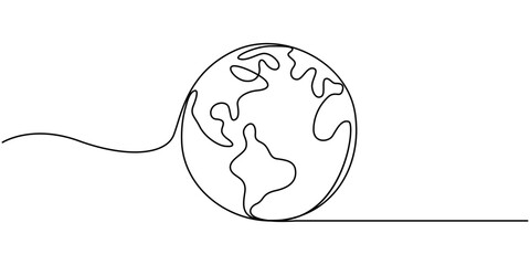 One continuous line drawing of Earth globe with paper airplane, Earth line art style vector illustration, Earth day line art illustration, environment day line art vector illustration, Planet Earth