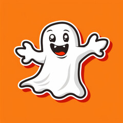 Obraz premium A sticker-style cartoon of a happy ghost with a thick white outline against an orange background. The playful design is perfect for Halloween-themed crafts and decorations.