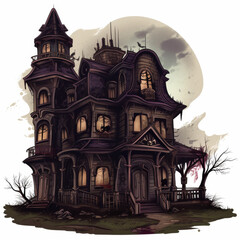 Obraz premium An illustration of a spooky Halloween manor with gothic architecture, featuring eerie windows, twisted trees, and bats circling overhead. The manor is set against an isolated background, perfect 