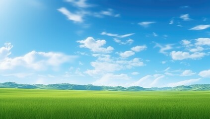 Fototapeta premium Vibrant Green Grass Meadow Under Clear Blue Sky, Fluffy Clouds in a Natural Landscape