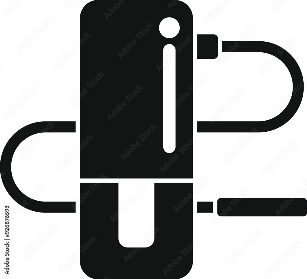 Poster coffee machine icon in black showing a coffee maker brewing espresso with its filter holder and port