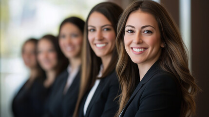 Smiling businesspeople standing together in an office, symbolizing teamwork and success