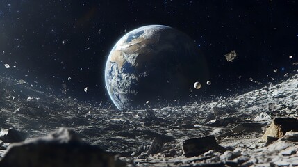 Lunar Landscape with Earth Surrounded by Space Debris