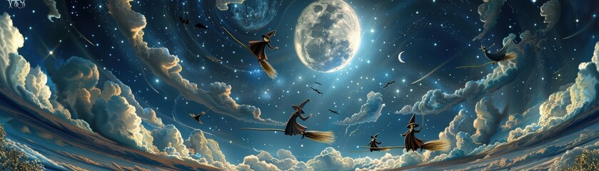 Fototapeta premium Witches Flying Through a Starry Night Sky