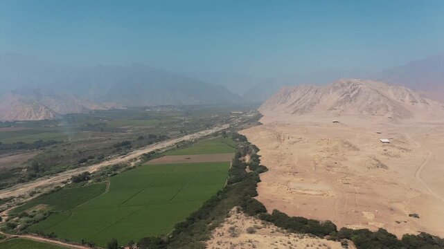 Aerial view the Sacred City of Caral, is an archaeological site located in the Supe valley, near the current town of Caral, 182 kilometers north of Lima, Peru