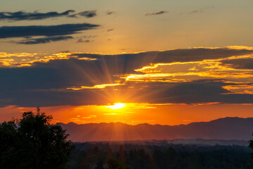 Golden sky sunrise dramatic beautiful landscape view. Dawn sky gold dusk time cloudscape with sunlight. Dramatic sunset scenic landscape. Beautiful landscape sunshine nature