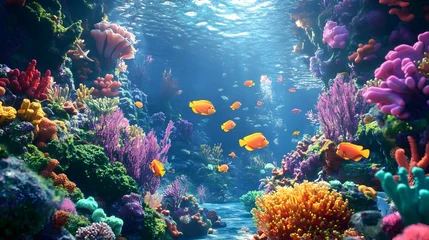 Foto auf Acrylglas Meerjungfrau Magical Underwater World Teeming with Vibrant Marine Life and Merfolk  © thanarak