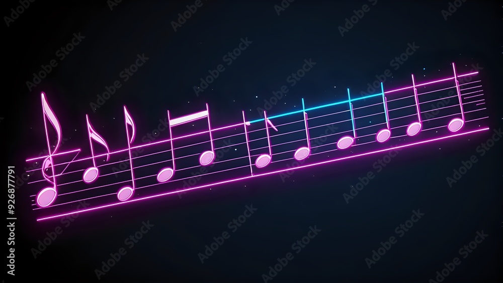 Wall mural neon music notes glowing on dark background.