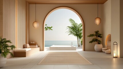Modern Minimalist Interior Design with Archway and Ocean View