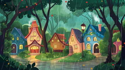 Obraz premium The Forest village with gnome in rain, game background, Illustration