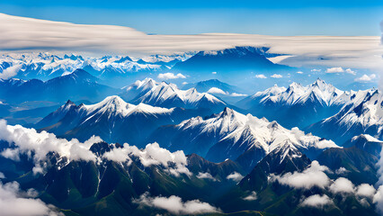 Majestic mountain range with snow-capped peaks and clouds.