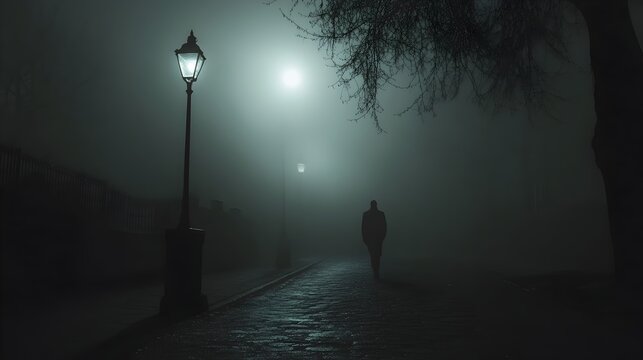 Mysterious Silhouette Strolling Through Fog Shrouded Moonlit Street