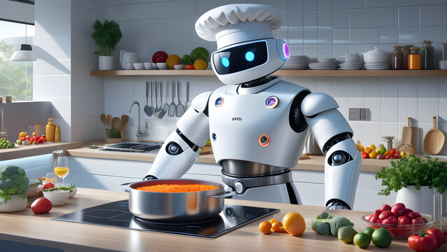 A humanoid robot chef wearing a white toque cooks in a modern kitchen.