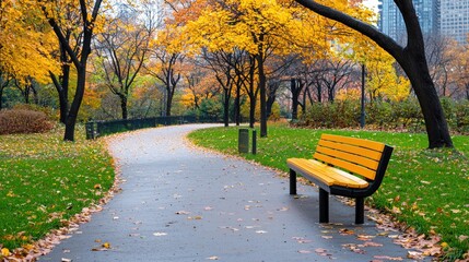 Fototapeta premium Serene Autumn Park Path with Bench