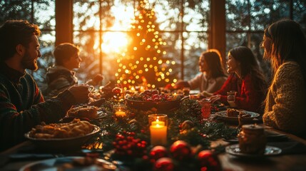 A cozy Christmas dinner with a family gathered around a beautifully decorated table, traditional holiday dishes in the center - Powered by Adobe