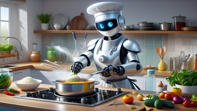 Futuristic kitchen robot chef cooking a meal.