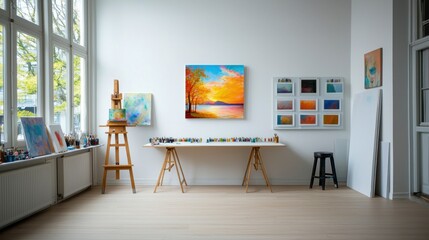 Modern Art Gallery Interior with Paintings and Natural Light