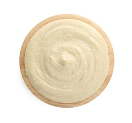 Delicious hummus in bowl isolated on white, top view