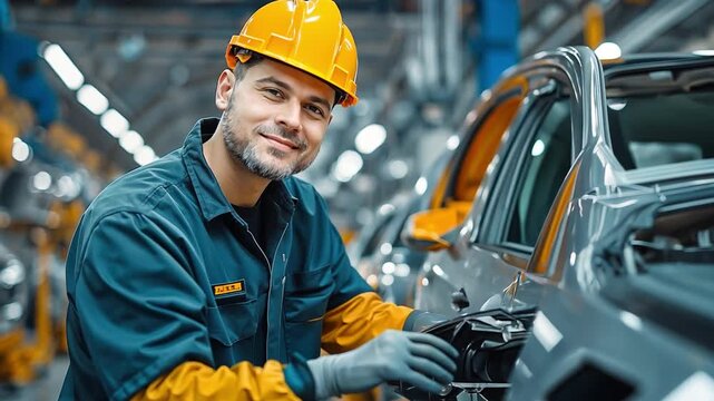 Skilled workers in an automotive assembly line, equipped with hard hats and safety gear, meticulously inspect and assemble vehicles.
