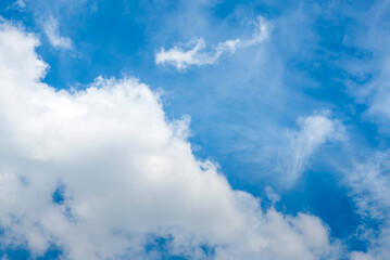 Tropical summer blue sky fluffy white cloud summertime on light sunny day cloudscape. Clear bright blue skyline spring sunlight climate background. Heaven blue environment ecology high scenic nature.
