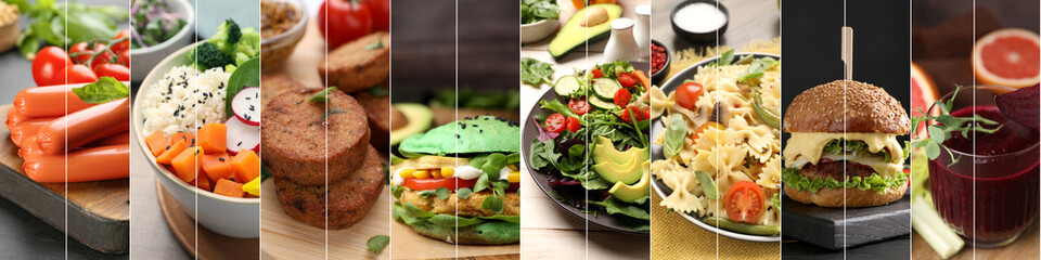 Assortment of vegetarian foods, collage. Banner design
