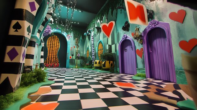 A whimsical wonderland with a checkered floor, doors, and playing card decorations.
