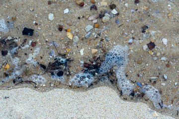 Closeup view of wave gently lapping the sandy shore. Coochiemudlo Island, Queensland, Australia