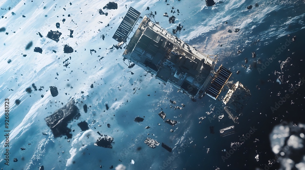Poster satellite orbiting earth surrounded by floating space debris and fragments
