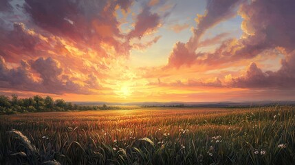 A painting depicting a vibrant sunset over a expansive field, A serene sunrise over a peaceful countryside