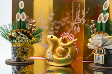 年賀状素材 干支蛇と門松飾り