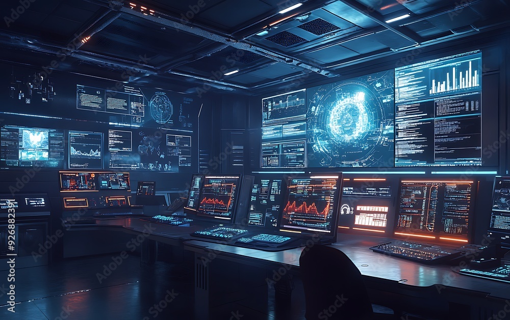 Aufkleber futuristic control room for monitoring malware prevention systems in real-time