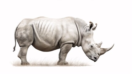 Obraz premium White Rhino Standing Tall: A majestic white rhinoceros stands on a grassy plain, its powerful presence and intricate details captured in a stunning pencil drawing. 