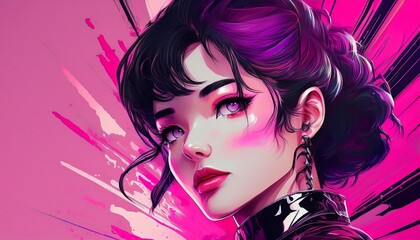 Close up of a manga woman with bold pink and purple pop art elements and space for additional text.