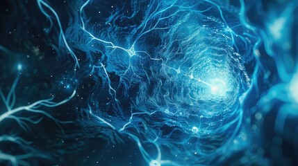 Obraz premium A mesmerizing abstract visual of electric energy flowing through a tunnel of blue light, evoking feelings of depth and motion.