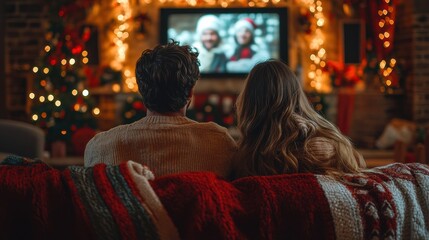 A peaceful Christmas Eve with a family watching a holiday movie together, surrounded by warm blankets and twinkling lights 