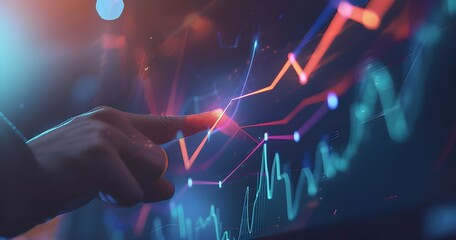 Businessman touching a glowing upward arrow on a virtual screen with a business growth graph chart and stock market flat line icon vector design concept for financial.