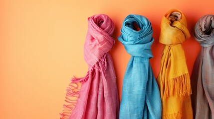 Colorful scarves hanging on wall in vibrant fashion boutique display with orange background