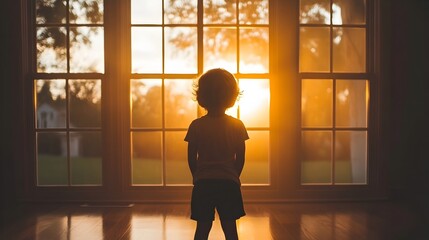 Fototapeta premium Silhouetted Child by Radiant Dawn Light in Peaceful Room Sanctuary