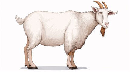 Majestic White Goat: A realistic illustration of a majestic white goat standing confidently against a white background. Great for educational resources, children's books, and agricultural projects. 