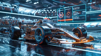 A futuristic race car with a black and orange design is in a garage, surrounded by screens displaying data and technical information.