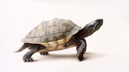 Obraz premium The Determined Turtle's Steady March: A photorealistic portrayal of a turtle's slow and steady journey across a pristine white backdrop. 
