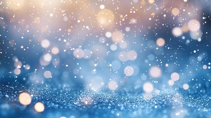 Ethereal Winter Celebration Banner with Snow Bokeh and Glittering Lights, Pastel Blue and Gold Themed Design for Christmas or New Year's Festivities, Copy Space Included