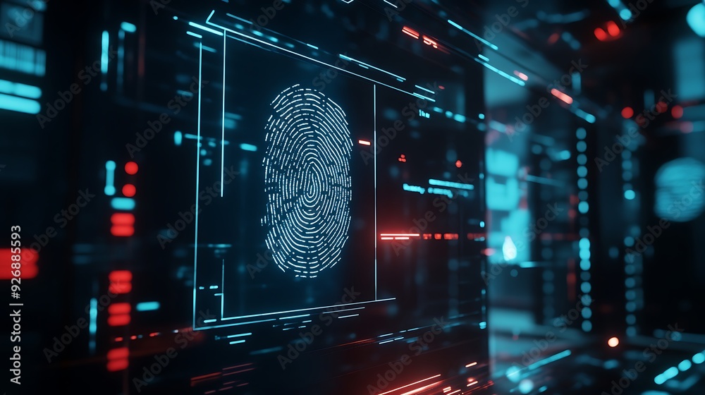 Fototapete high-tech identity verification interface with biometric scans and digital fingerprints