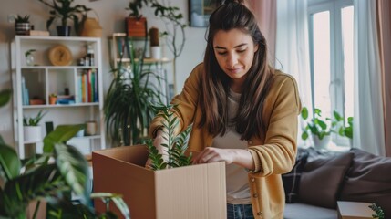 A woman taping cardboard box while packing her belongings before moving out of her apartment. 